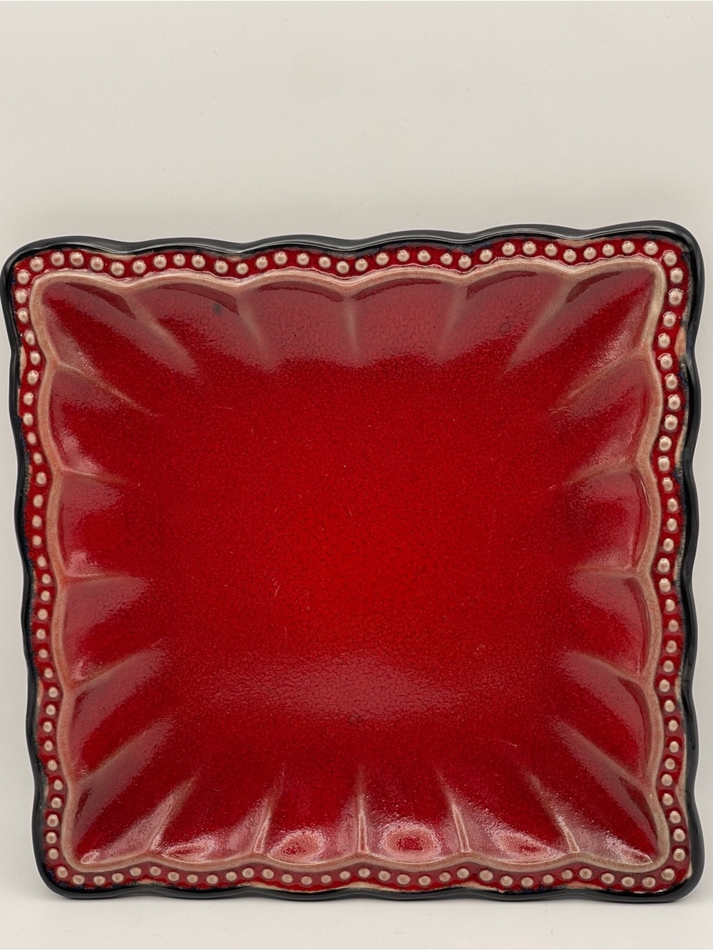 Roscher Hobnail Collection Red & Black Square Scallop Edge Glazed Plate | 8”
